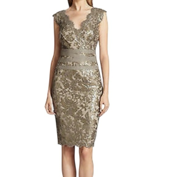 Tadashi Shoji Metallic Embellished Lace Sheath Spring Wedding Guest Dress Size 4